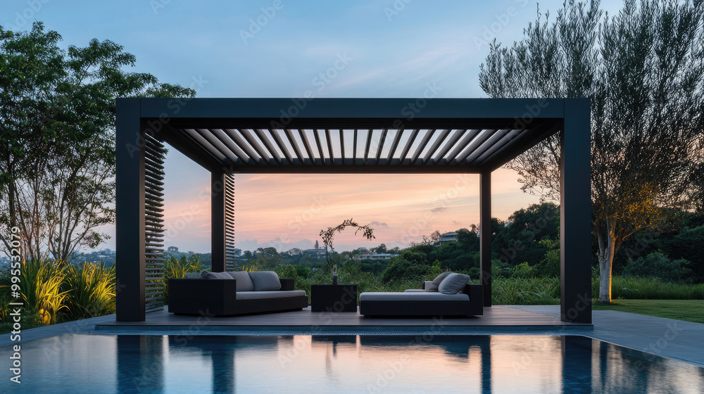 A black, rectangular wooden gazebo with an open roof stands next to the pool. In front of it, there is modern garden furniture on which two sofas lie. A black, rectangular wooden gazebo with an open roof stands next to the pool. In front of it, there is modern garden furniture on which two sofas lie.