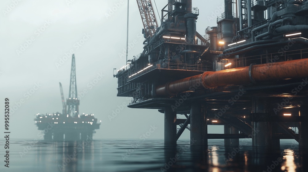 Offshore oil drilling platform in the ocean with industrial structures, machinery, and cranes, illuminated in the foggy weather