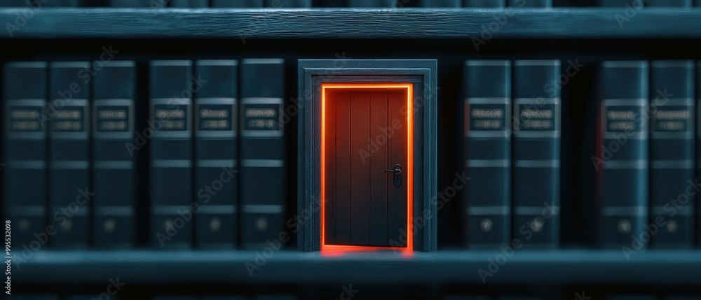 Hidden bookcase door, secret passageway, eerie glow Hidden bookcase door, secret passageway, eerie glow