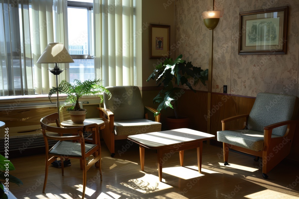 Comfortable waiting area with modern seating and large windows overlooking a serene outdoor view during daytime Comfortable waiting area with modern seating and large windows overlooking a serene outdoor view during daytime