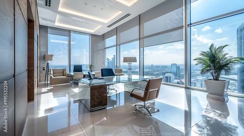 Modern office with a large desk, chairs, and a stunning city view through large windows.
