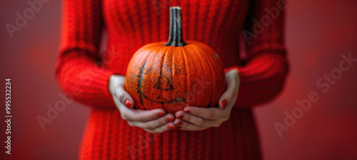 woman in red sweater holds carved pumpkin with smiling face, embodying festive spirit of Halloween. vibrant colors create warm and inviting atmosphere photo