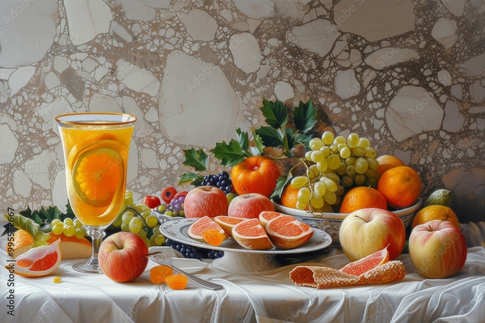 A vibrant arrangement of fresh fruits and a refreshing drink displayed on a table with a textured backdrop during a sunny afternoon A vibrant arrangement of fresh fruits and a refreshing drink displayed on a table with a textured backdrop during a sunny afternoon