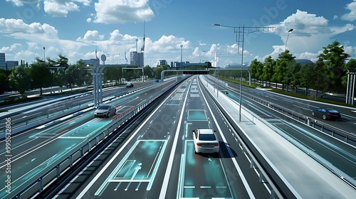 Modern highway with autonomous cars driving in the city. The cars are using digital technology for lane guidance and navigation.