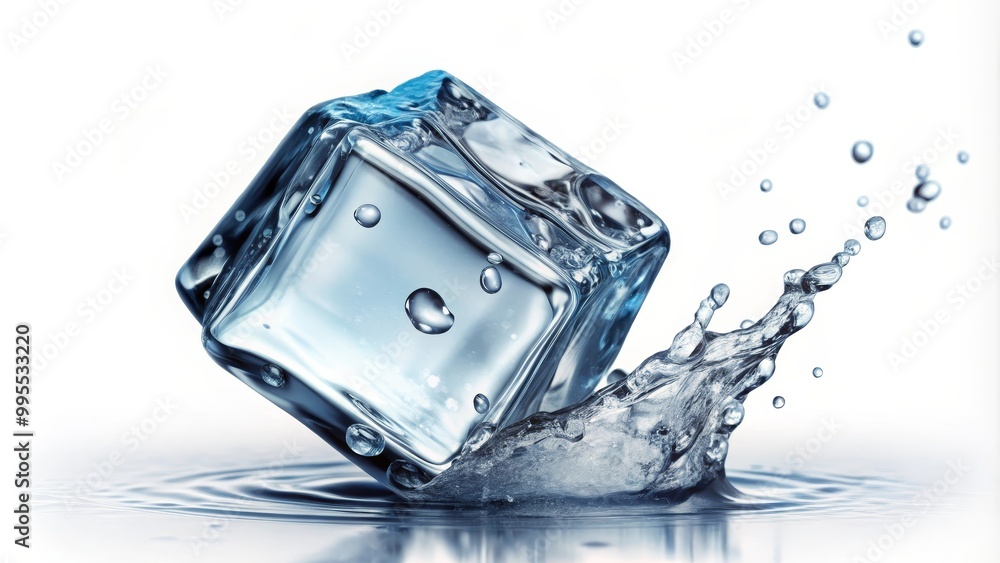 Large ice cube is shown splashing into water, making ripples and droplets Large ice cube is shown splashing into water, making ripples and droplets