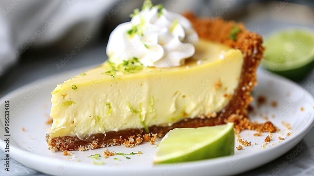 A decadent and indulgent slice of key lime pie, with a tangy custard filling in a buttery graham cracker crust A decadent and indulgent slice of key lime pie, with a tangy custard filling in a buttery graham cracker crust