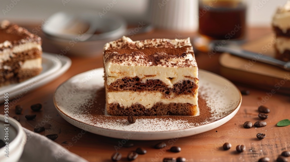 A decadent and indulgent slice of tiramisu, with layers of espresso-soaked ladyfingers and a rich, creamy mascarpone filling A decadent and indulgent slice of tiramisu, with layers of espresso-soaked ladyfingers and a rich, creamy mascarpone filling