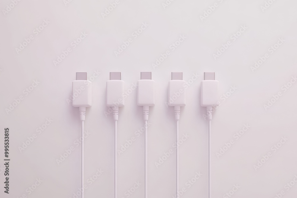 Minimalist image of white USB C cables aligned on a pale pink wall symbolizing modern data transfer and sleek digital device connections Minimalist image of white USB C cables aligned on a pale pink wall symbolizing modern data transfer and sleek digital device connections