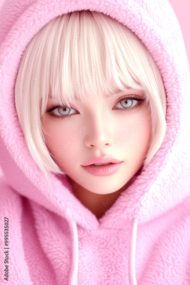 A girl with blonde hair and blue eyes is wearing a pink hoodie. The hoodie is fuzzy and pink, and the girl's face is the main focus of the image. Scene is cute and playful A girl with blonde hair and blue eyes is wearing a pink hoodie. The hoodie is fuzzy and pink, and the girl's face is the main focus of the image. Scene is cute and playful