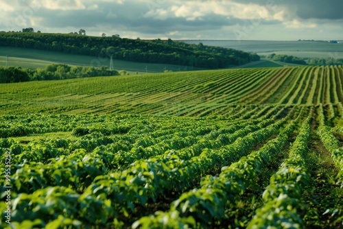 Lush green cornfields stretch across rolling hills in a tranquil landscape during the golden hour, showcasing the beauty of rural agricultural life