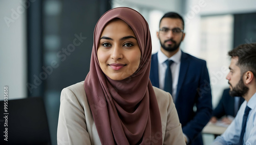 Confident Muslim Businesswoman: Portrait of a smiling businesswoman wearing a hijab, exuding confidence and professionalism in a modern office setting.