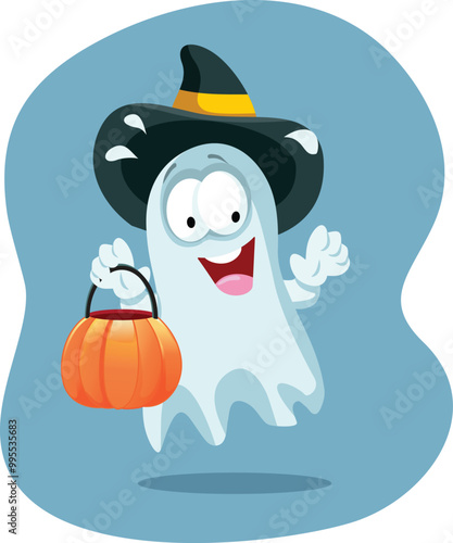 Funny Ghost on Trick or Treat Vector Cartoon illustration. Ghostly spirit celebrating traditional Halloween 