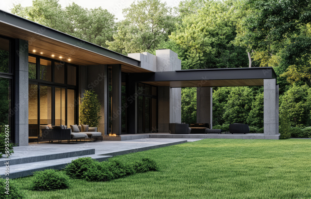 Fototapeta premium the exterior of a modern and sleek home, with large windows, a covered patio area with seating for four people and outdoor furniture