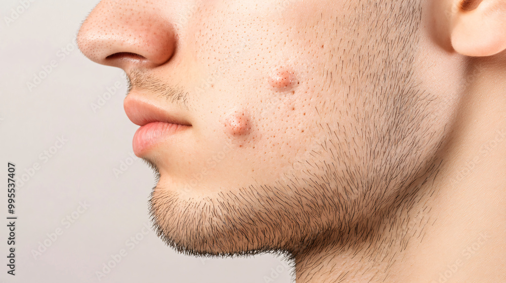 Closeup man face with red pimples, inflammation on face and problem skin. Acne, rosacea and couperose therapy. Facial treatment skincare routine and hygiene Cosmetic and beauty banner with copy space Closeup man face with red pimples, inflammation on face and problem skin. Acne, rosacea and couperose therapy. Facial treatment skincare routine and hygiene Cosmetic and beauty banner with copy space