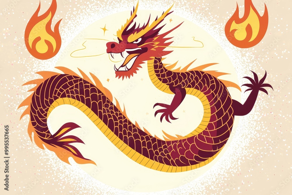 Obraz premium Fiery Dragon with Flames Illustration