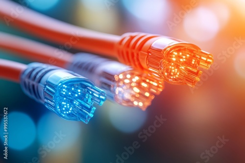 Ethernet cables with red and blue glowing connectors plugged into a circuit board representing secure digital communication and fast internet infrastructure photo