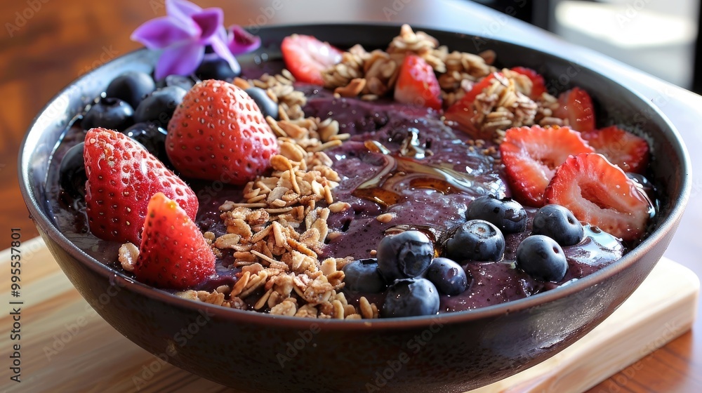 A delightful and refreshing bowl of acai, topped with fresh berries, granola, and a drizzle of honey A delightful and refreshing bowl of acai, topped with fresh berries, granola, and a drizzle of honey