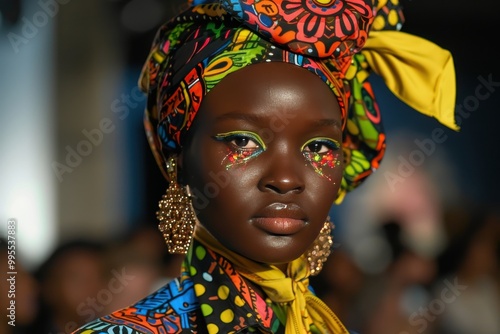 A model showcases vibrant African-inspired fashion on the runway during a contemporary fashion event at a prominent venue in the evening