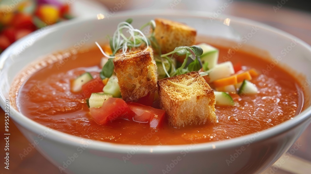 A delightful and refreshing bowl of gazpacho, with a chilled tomato-based soup, garnished with fresh vegetables and croutons A delightful and refreshing bowl of gazpacho, with a chilled tomato-based soup, garnished with fresh vegetables and croutons