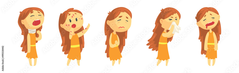 Little Girl Sick Feel Unwell Have Disease Symptom Vector Set Little Girl Sick Feel Unwell Have Disease Symptom Vector Set