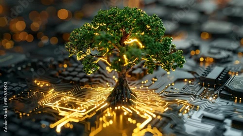 A tree is growing on a computer chip. Concept of technology and nature coming together in a unique way