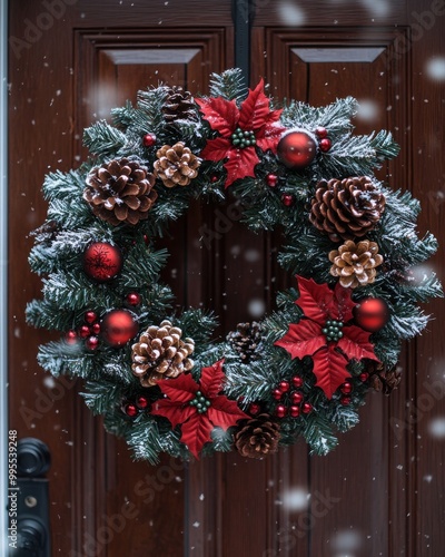 Festive Christmas Wreath Hanging on Door with Snow Falling - Seasonal Decor Photography with Sony A7S III and 50mm Lens photo