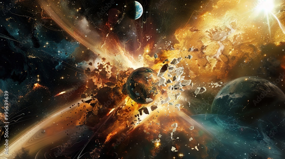 Obraz premium Fiery Planetary Explosion in Space with Debris and Glowing Fractures: Apocalyptic Sci-Fi Cosmic Catastrophe Scene