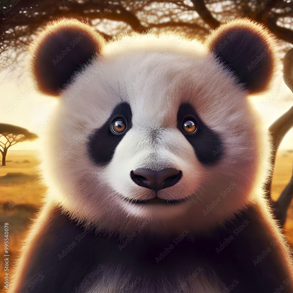Fototapeta premium Closeup view of Panda portrait with a warm sunset and field background touch of nature and beauty to any project