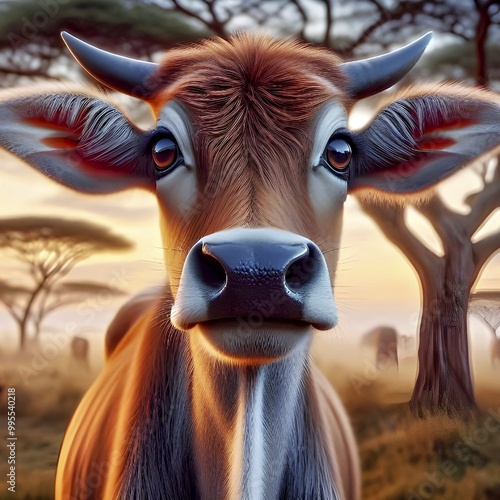 Closeup view of cow cute portrait with a warm sunset and field background touch of nature and beauty to any project photo