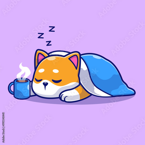 Cute Shiba Inu Dog Sleeping With Coffee And Blanket Cartoon 
Vector Icon Illustration. Animal Nature Icon Concept Isolated
Premium Vector. Flat Cartoon Style
