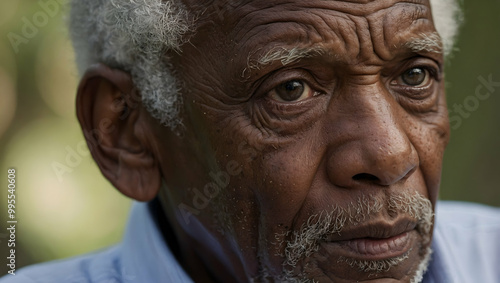 A Lifetime of Stories: A close-up portrait of an elderly Black man, his eyes filled with wisdom and a lifetime of experiences. The soft focus background creates a sense of intimacy and reflection.