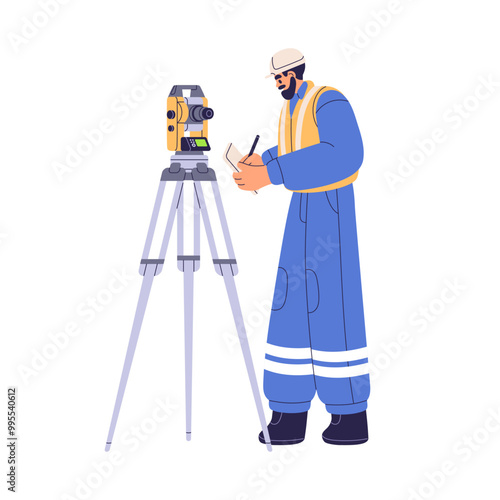 Surveyor engineer works with total station, theodolite, geodesy and topography measurement tool. Professional worker, surveying engineer. Flat vector illustration isolated on white background