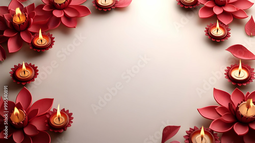 3D Floating Diyas and Rangoli Frame with Copy Space - Modern Meets Tradition | Beautiful Decorative Border for Festivals