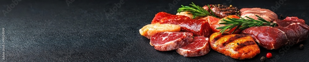 A vibrant assortment of fresh raw meats beautifully arranged on a dark slate background, perfect for culinary presentations, recipes, or BBQ ideas. A vibrant assortment of fresh raw meats beautifully arranged on a dark slate background, perfect for culinary presentations, recipes, or BBQ ideas.