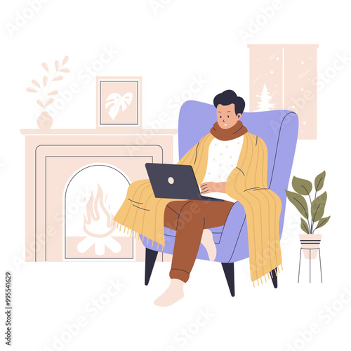 Man work in winter at home warming with blanket. Illustration for websites, landing pages, mobile apps, posters and banners. Trendy flat vector illustration