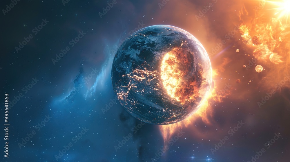 Obraz premium Fiery Planetary Explosion in Space with Debris and Glowing Fractures: Apocalyptic Sci-Fi Cosmic Catastrophe Scene