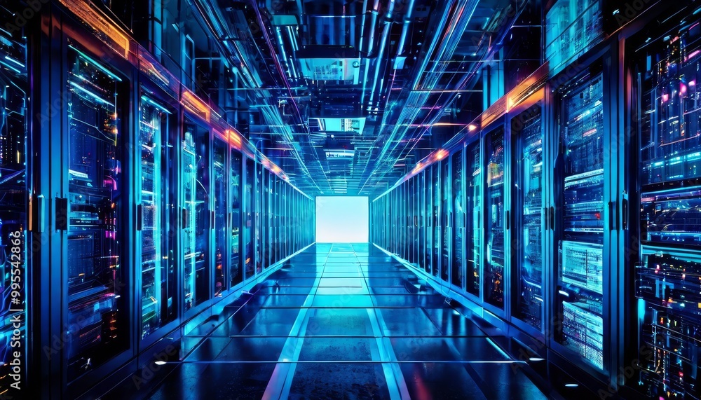 A stunning view of a futuristic server room bathed in vibrant neon lights. The corridor stretches into the distance, showcasing rows of high-tech servers, reflecting the cutting-edge technology and A stunning view of a futuristic server room bathed in vibrant neon lights. The corridor stretches into the distance, showcasing rows of high-tech servers, reflecting the cutting-edge technology and
