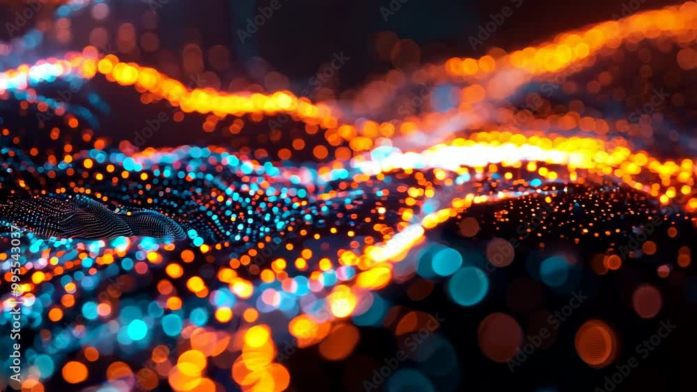 A computer generated image of a wave with orange and blue lights. The image has a futuristic and abstract feel to it A computer generated image of a wave with orange and blue lights. The image has a futuristic and abstract feel to it