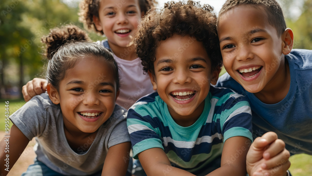 Joyful Kids Close-Up: A heartwarming image of four young children, their faces beaming with pure joy and infectious laughter. Their eyes sparkle with pure happiness as they pose for a close-up shot. Joyful Kids Close-Up: A heartwarming image of four young children, their faces beaming with pure joy and infectious laughter. Their eyes sparkle with pure happiness as they pose for a close-up shot.