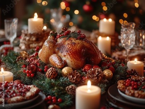 Warm and Cozy Christmas Dinner Table Setting with Roasted Turkey and Festive Decor, Captured with Nikon Z7 II Camera photo