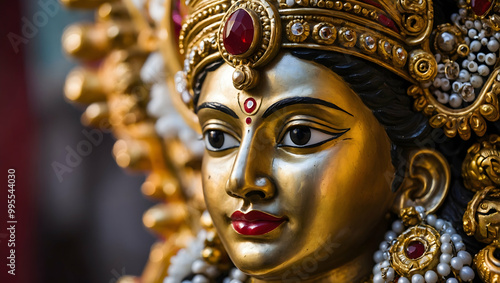 Goddess Durga: Close-up of a golden statue of Goddess Durga, a prominent figure in Hindu mythology, with intricate details and a serene expression. Her eyes hold a depth of wisdom and power.