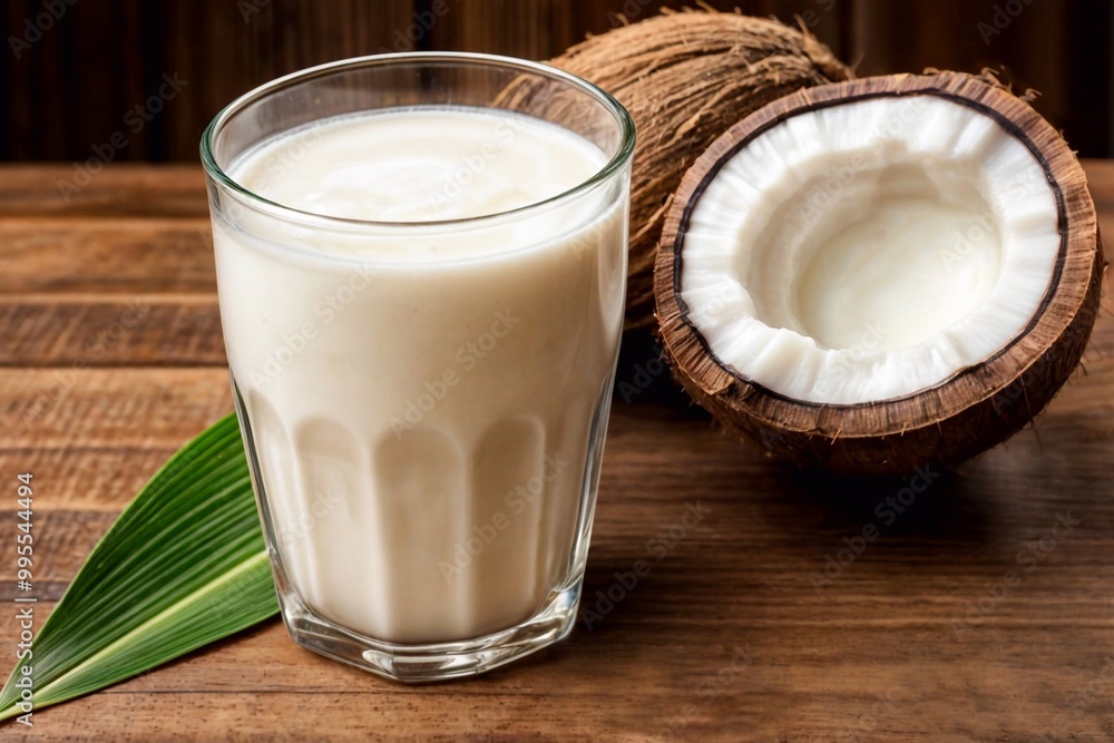 Close-up glass of fresh coconut milk with coconut in background. Generative AI Close-up glass of fresh coconut milk with coconut in background. Generative AI