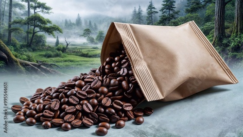 Mockup coffee bag with natural, freshly roasted coffee beans against  forest landscape.Generative AI photo