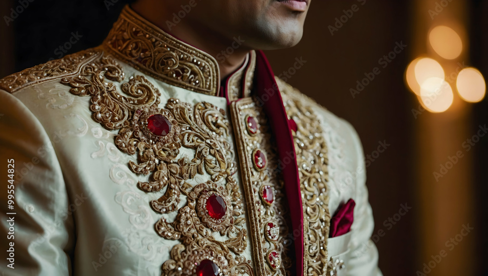 Groom's Sherwani Detail: A close-up of a groom's ivory sherwani, adorned with intricate gold embroidery and ruby embellishments. Groom's Sherwani Detail: A close-up of a groom's ivory sherwani, adorned with intricate gold embroidery and ruby embellishments.