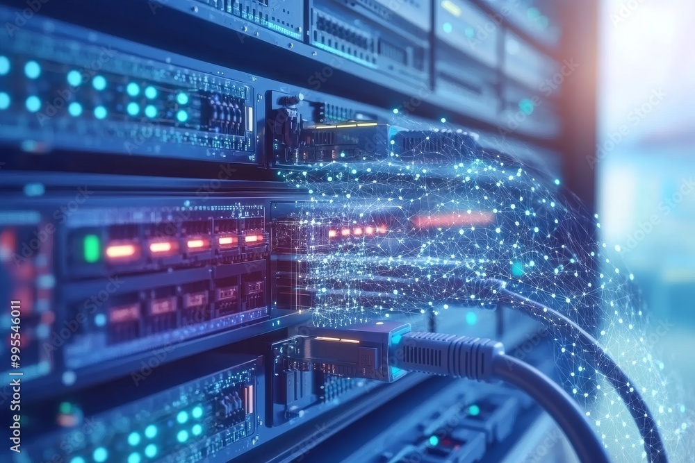 Fototapeta premium Data center with colorful glowing cables connected to racks representing organized data transmission and efficient network management
