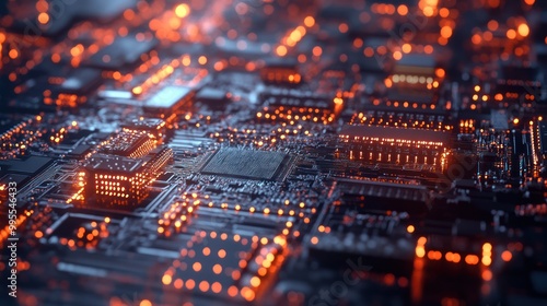 Quantum chip close-up, subatomic particles, quantum tunneling effect, high-speed calculations, glowing circuitry, cutting-edge technology, dark background