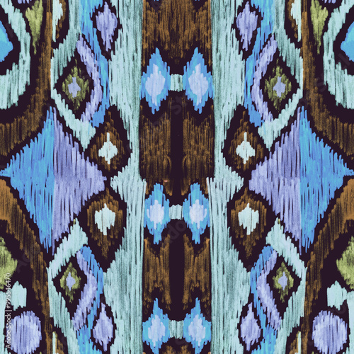  Ethnic abstract art ikat. Seamless ornamental print. Geometric ethnic pattern seamless color oriental. Design for background, curtain, carpet, wallpaper, clothing, packaging, batik.