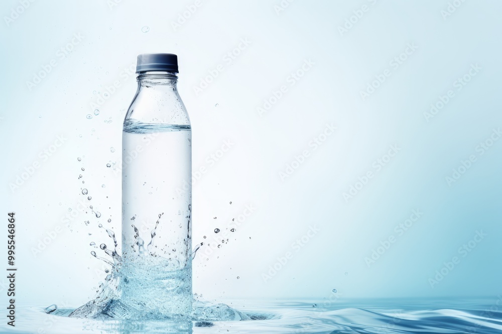 A glass water bottle with splashes and splashes on a light blue background. Copy space, mock up. A glass water bottle with splashes and splashes on a light blue background. Copy space, mock up.