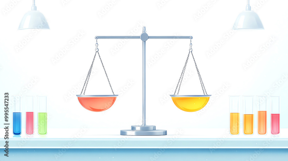 Balanced scale with colorful liquids, representing measurement and ...