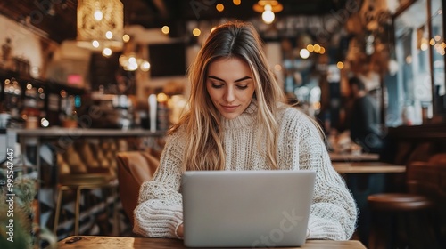 Woman Working on Laptop in Cozy Cafe Setting